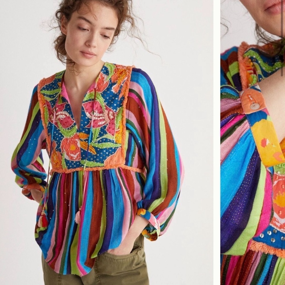 🍀SUPER UNIQUE🍀Anthropologie NWT Verb by Pallavi Singhee  Beaded  Blouse Size S. - Picture 2 of 16